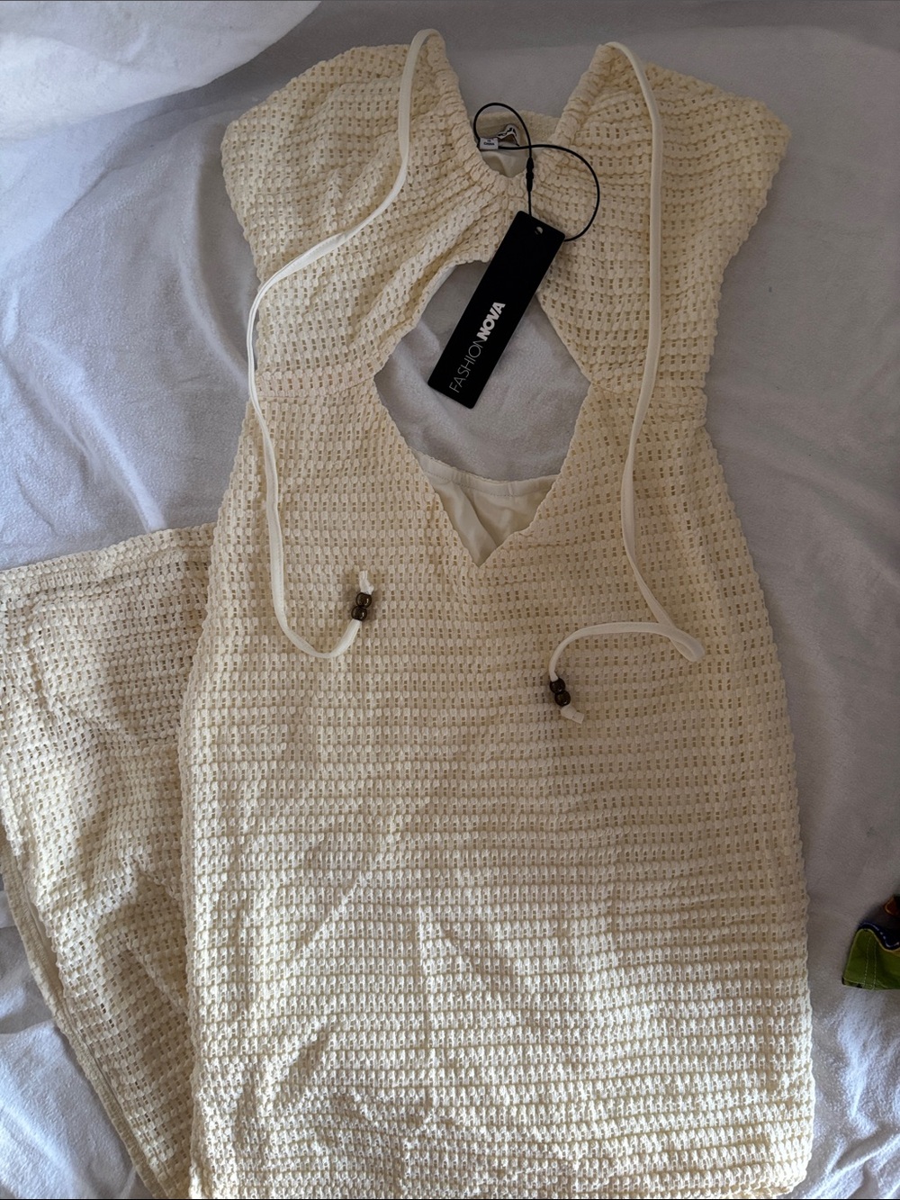Fashion Nova Cream Crochet Halter Knit dress